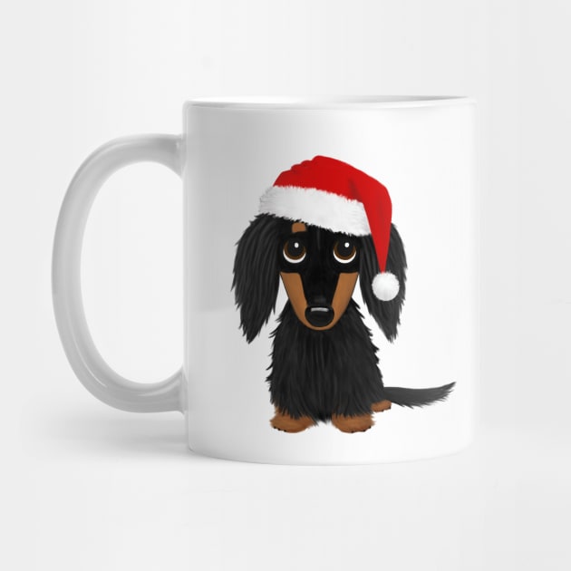 Longhaired Black and Tan Dachshund with Santa Hat Cute Christmas Dog by Coffee Squirrel